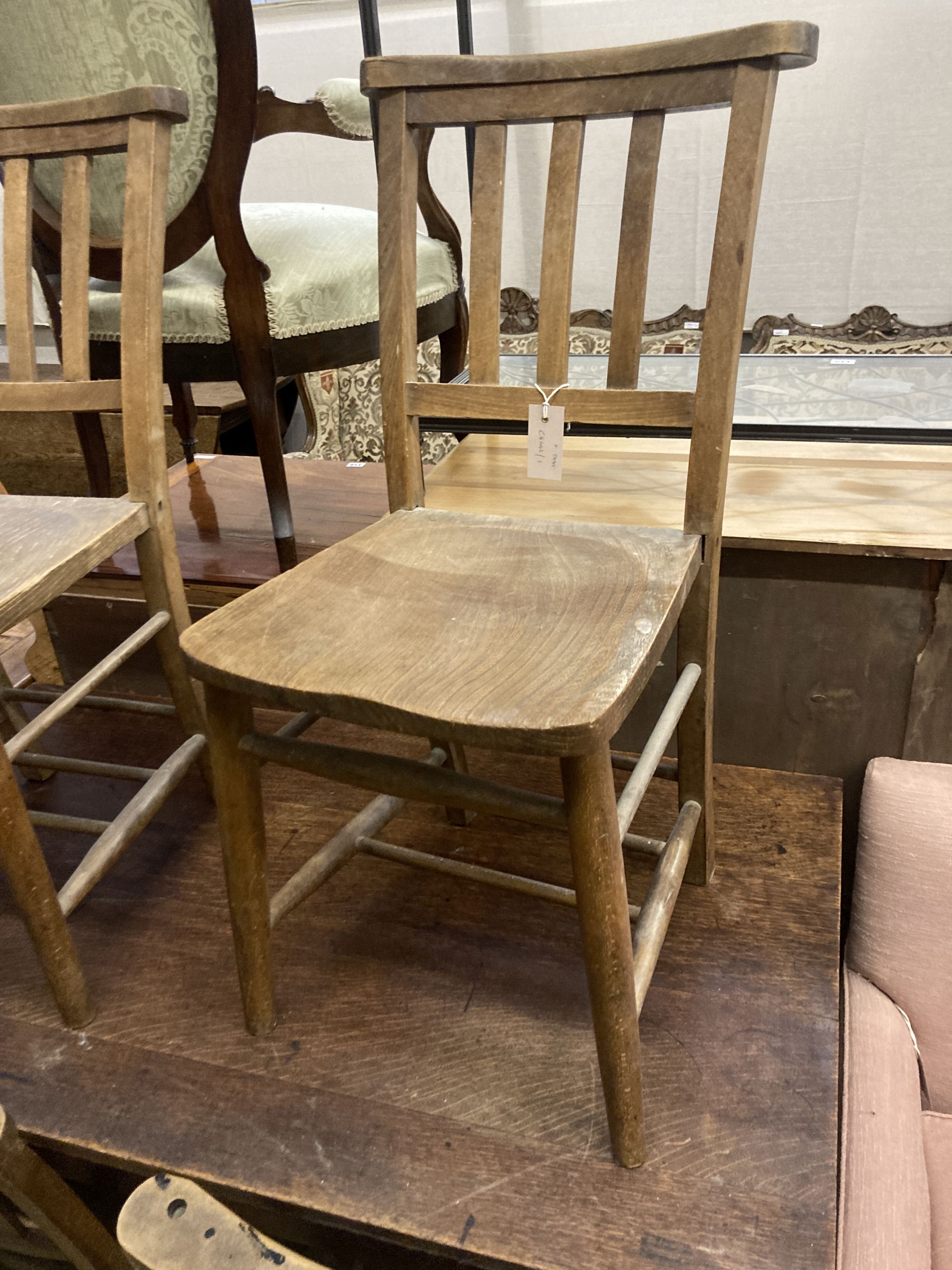 A late Victorian rectangular oak table, width 122cm, depth 69cm, height 74cm together with four church chairs